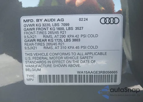 2024 Audi Q8 E-Tron Premium Plus Quattro z USA, uszkodzony, nr VIN WA15AAGE3RB056665